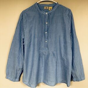 L.L. Bean Blue and White Striped Roll Tab Sleeve Cotton, Gathered Shirt, XL